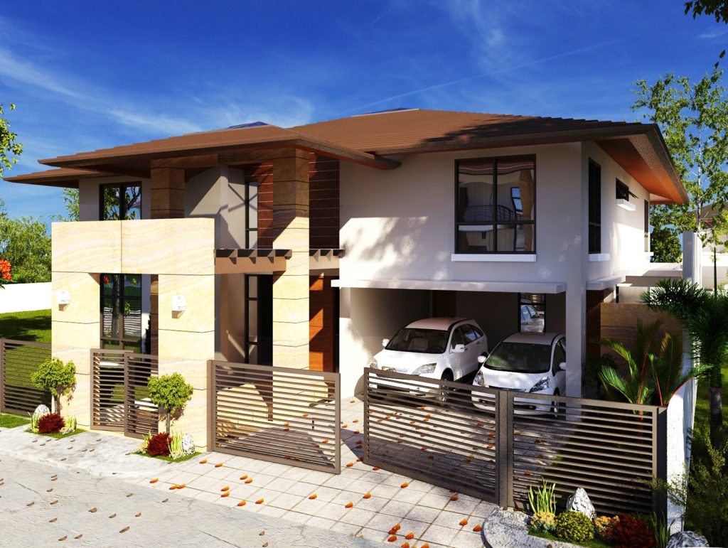 Contemporary two-story house with mixed materials and horizontal fence