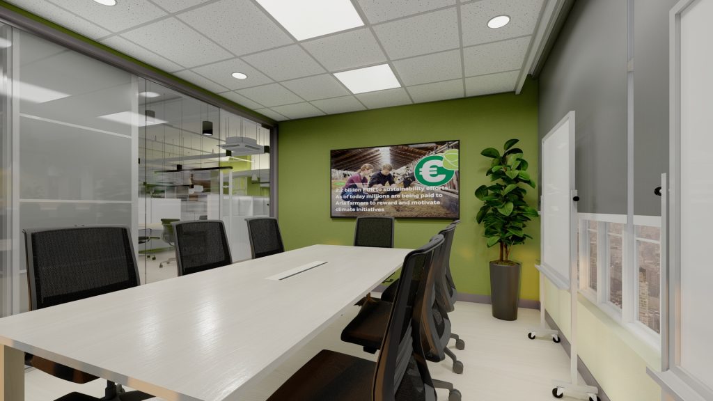 Glass-walled meeting room with conference table