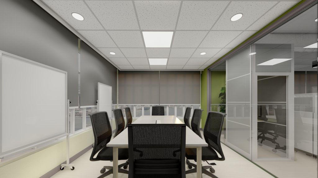 Conference room with long table and glass partition