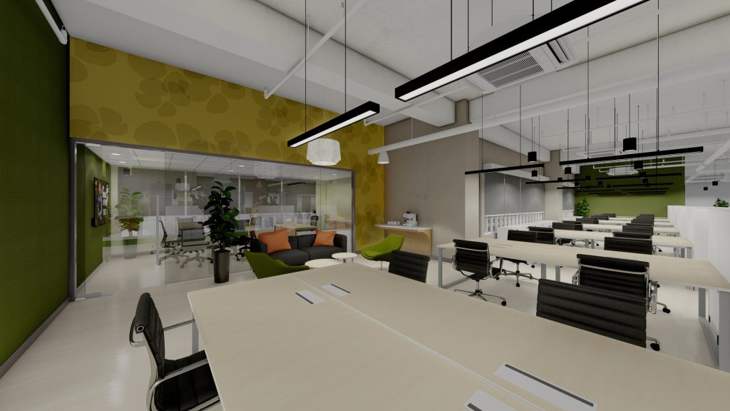 Mixed-use office with partitioned areas and accent walls