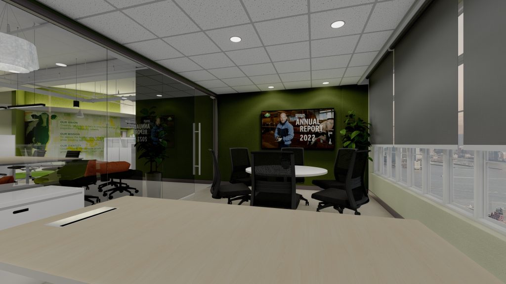 Office with green walls and city-view windows