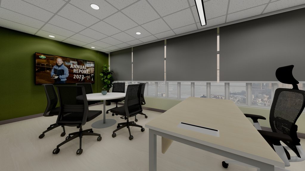 Meeting space with green wall and conference table