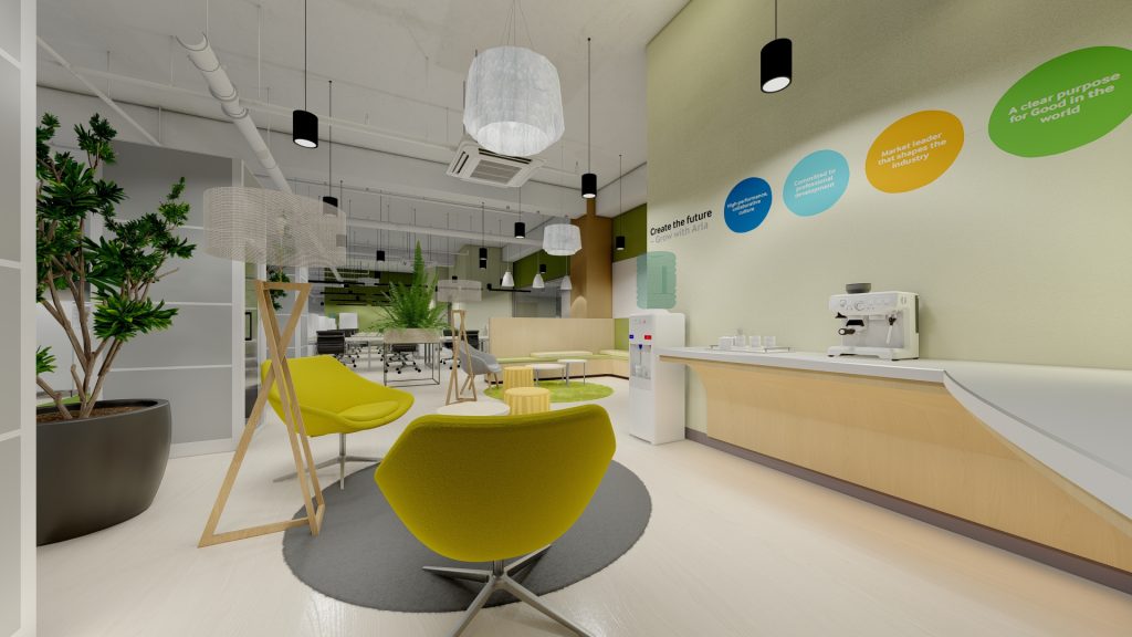 Reception lounge with yellow chairs and wall decals