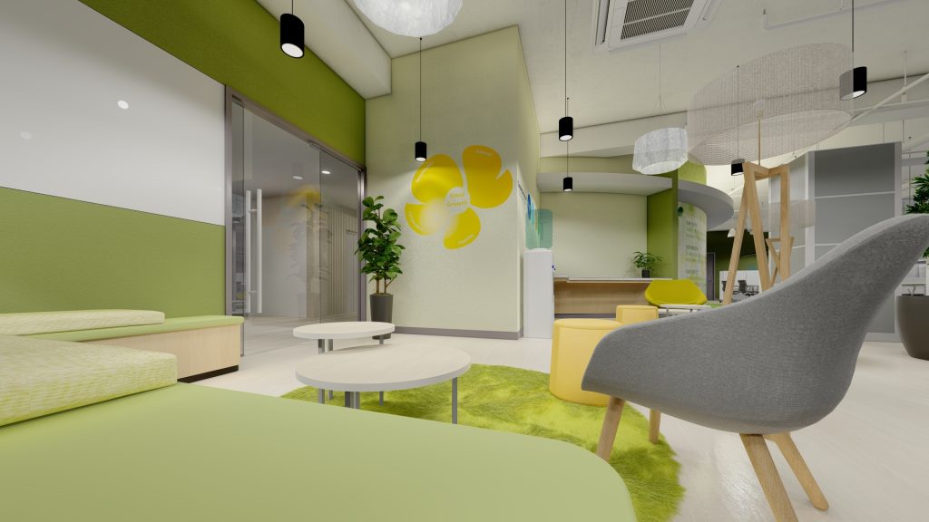 Open office with lounge seating and glass-walled rooms