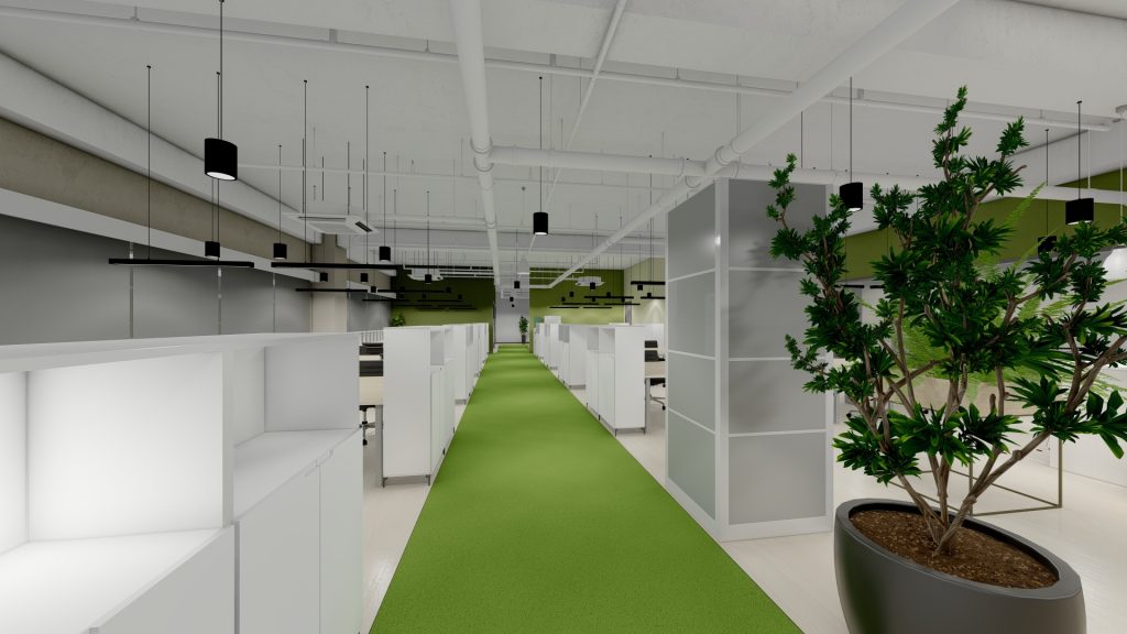 Open office corridor with partition walls and green floor