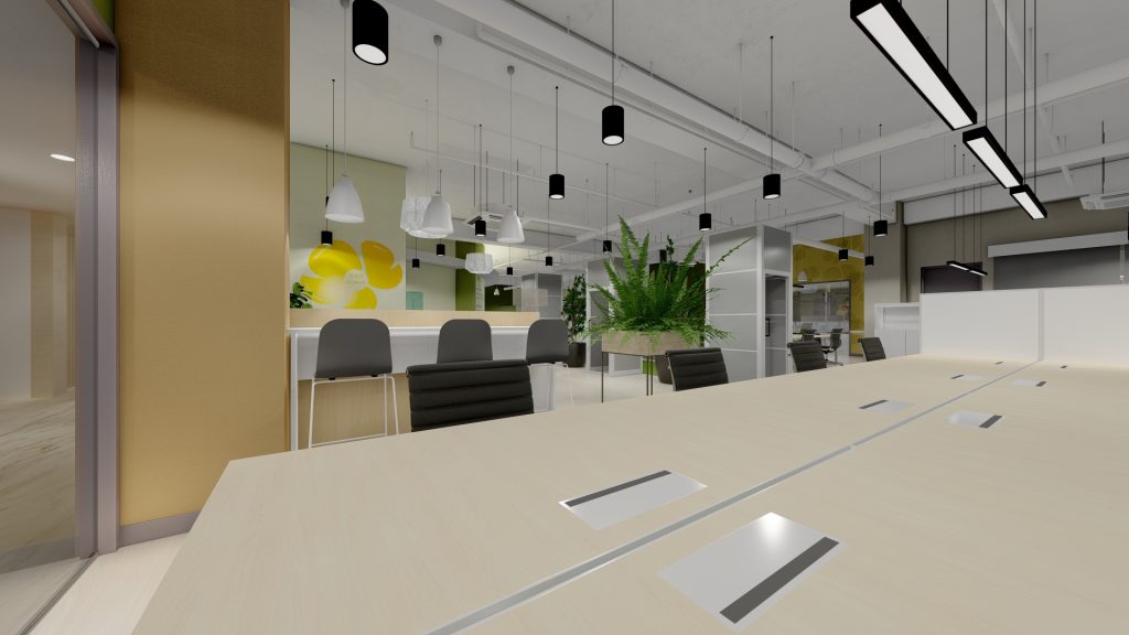 Conference table with pendant lights and yellow accent wall with art