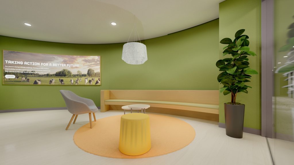 Collaboration space with curved bench seating and yellow table