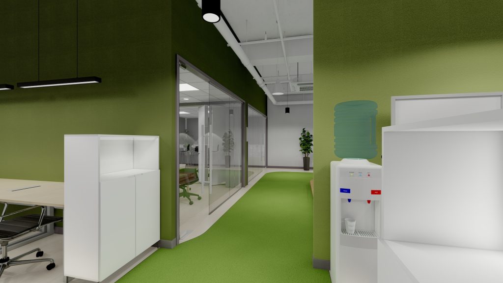 Corridor with green floor, white cabinetry, and glass office partition