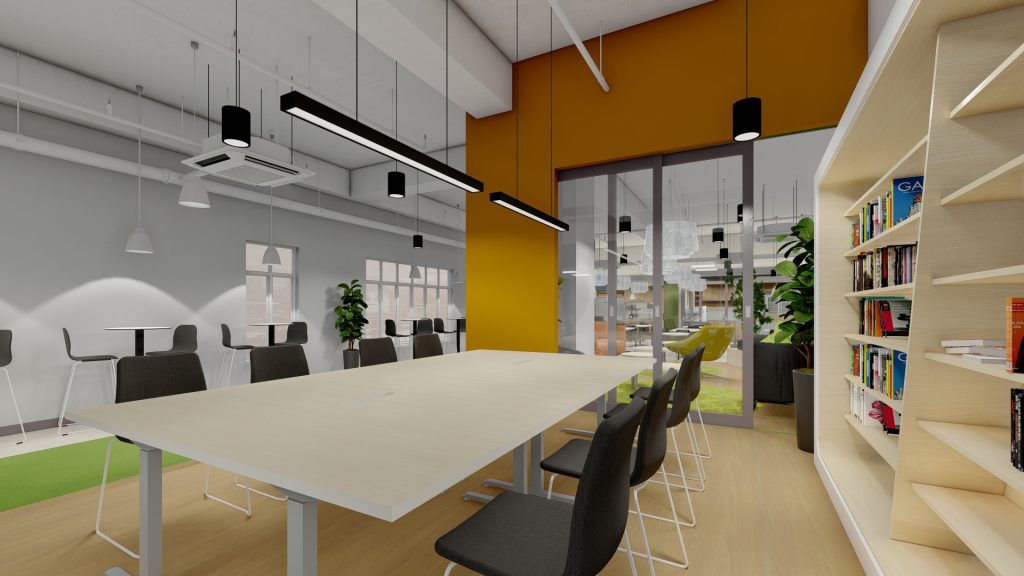 Dining table with wood accents, bookshelves, and color-blocked walls