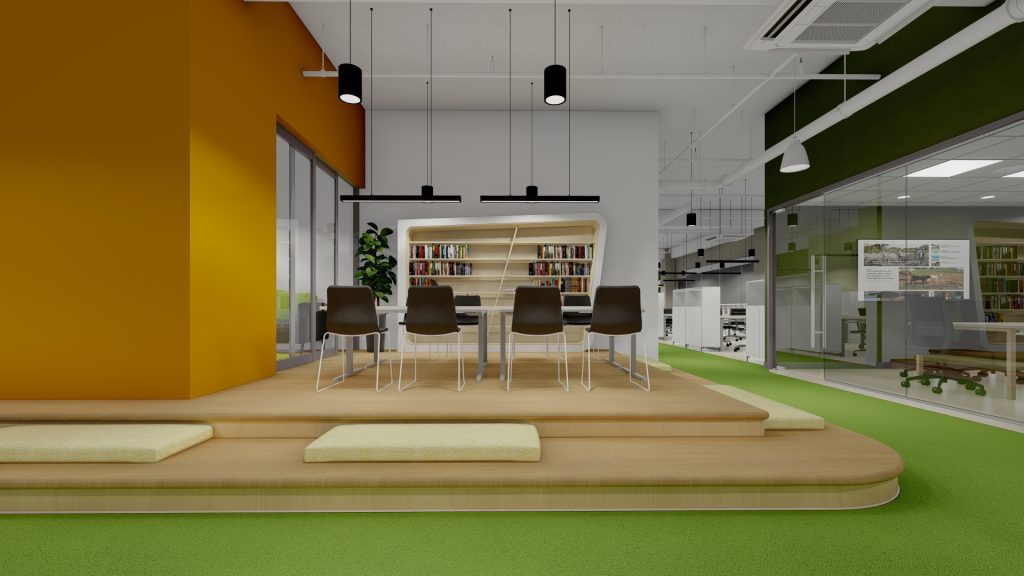 Library lounge with bookshelf wall, platform seating, and green floor