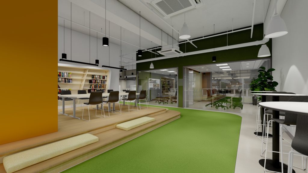 Collaborative open floor with suspended lights and green work zones