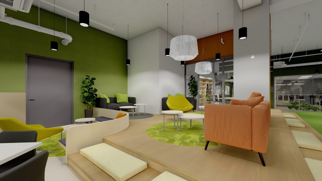 Lounge seating with rust-upholstered chairs and green carpet accent
