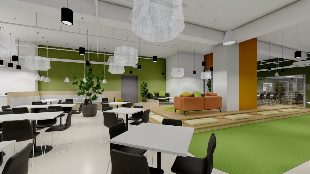 Casual seating with orange armchair and green wall accent