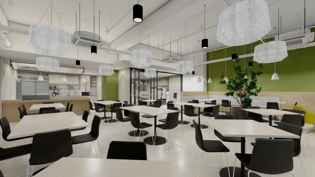 Cafe-style round tables with pendant lights and multi-level wood platform