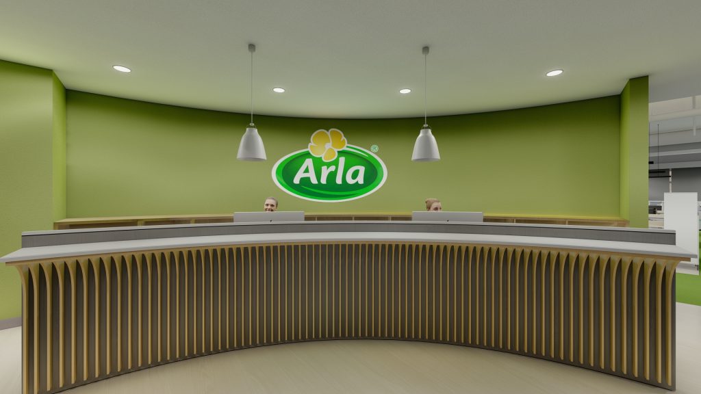 Reception counter with curved wood detail and Arla branding