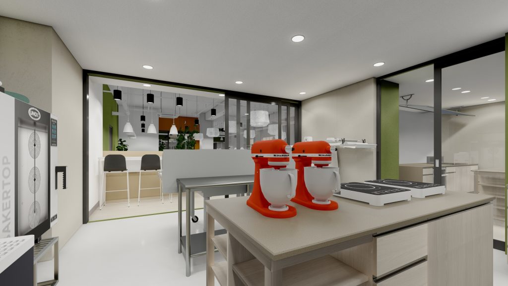 Kitchen with light wood island, white appliances, open shelving