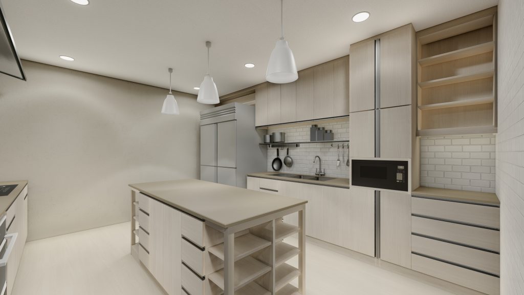 Teaching kitchen with red stand mixers on white island counter