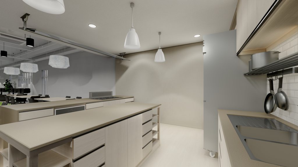 Kitchen with light wood cabinetry, white pendant lights, open shelving