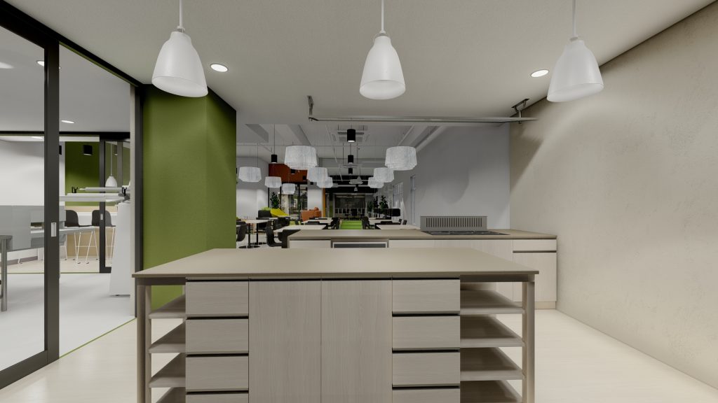 Professional kitchen with pendant lights, light wood cabinetry, open shelves