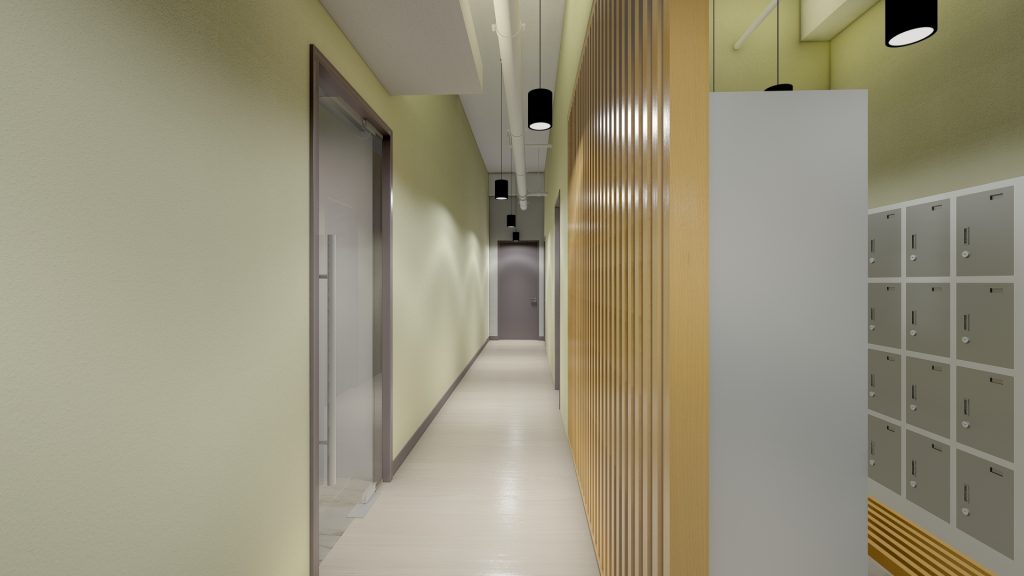 Hallway with wood-slat accent wall and locker storage