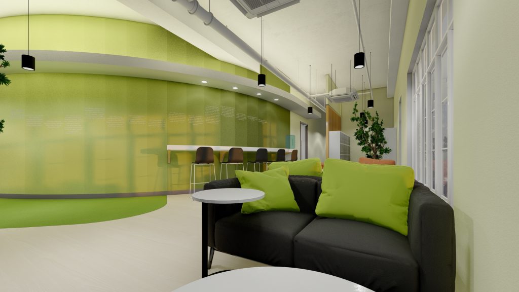 Lounge with curved green wall and black sofa