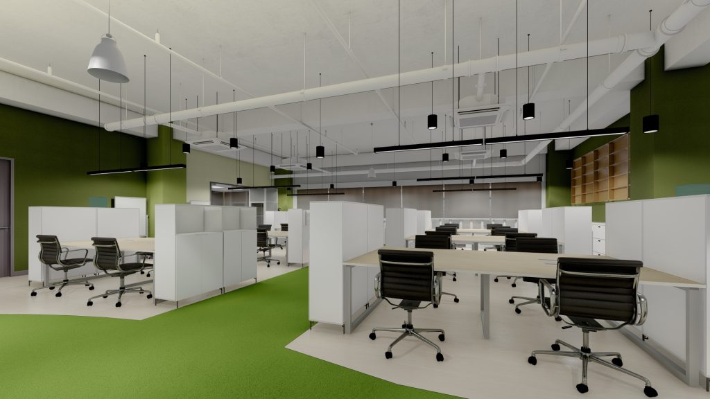 Open office with white partition walls and scattered workstations