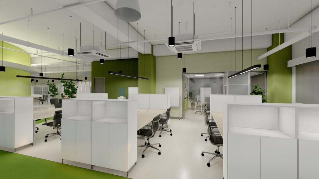 Office floor plan with partitioned workstations and green floor