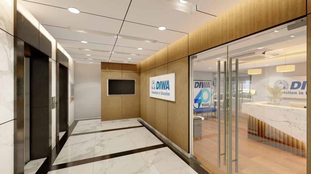 Elevator lobby with wood paneling and marble flooring