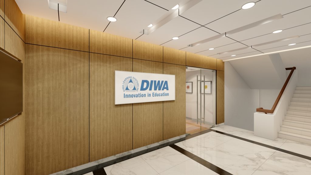Stairwell entrance with wood panels and company milestone logo