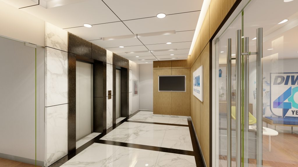 Hallway with black elevator doors and wood-paneled walls