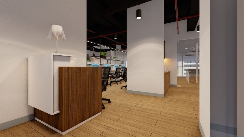 Open office space with wood partition and modern workstation design
