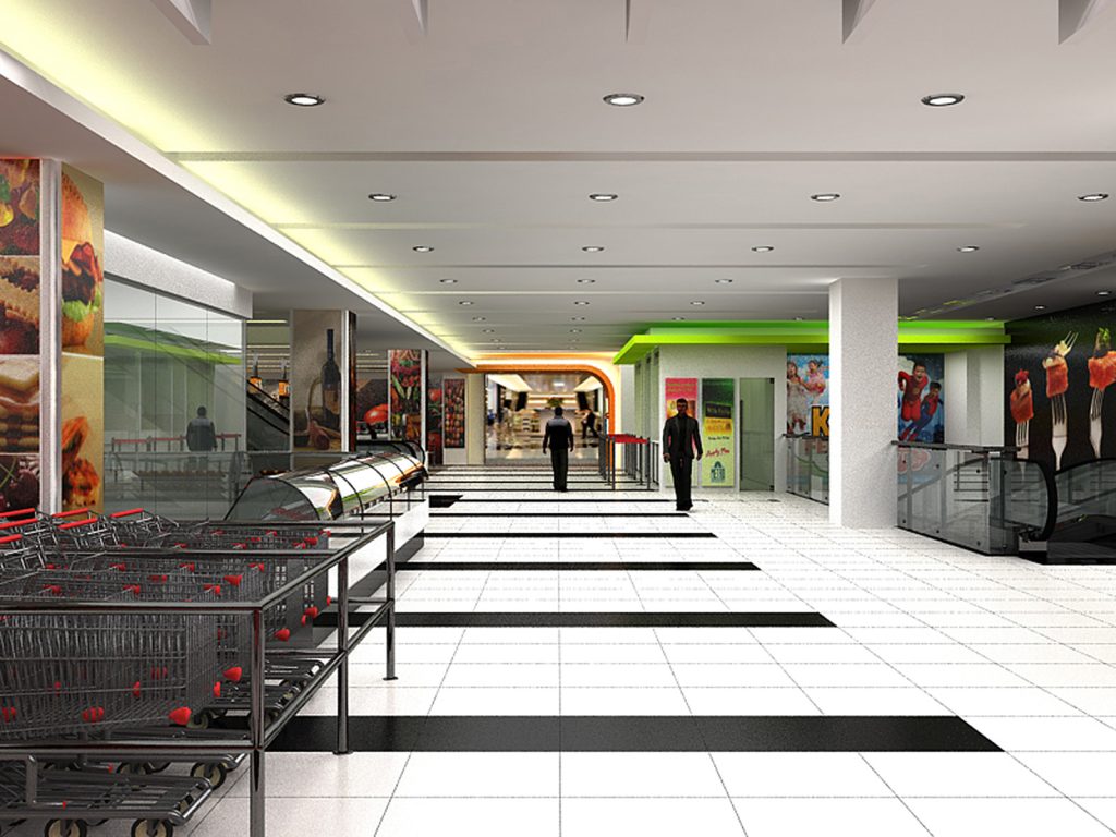 Shopping mall interior with escalators and retail space