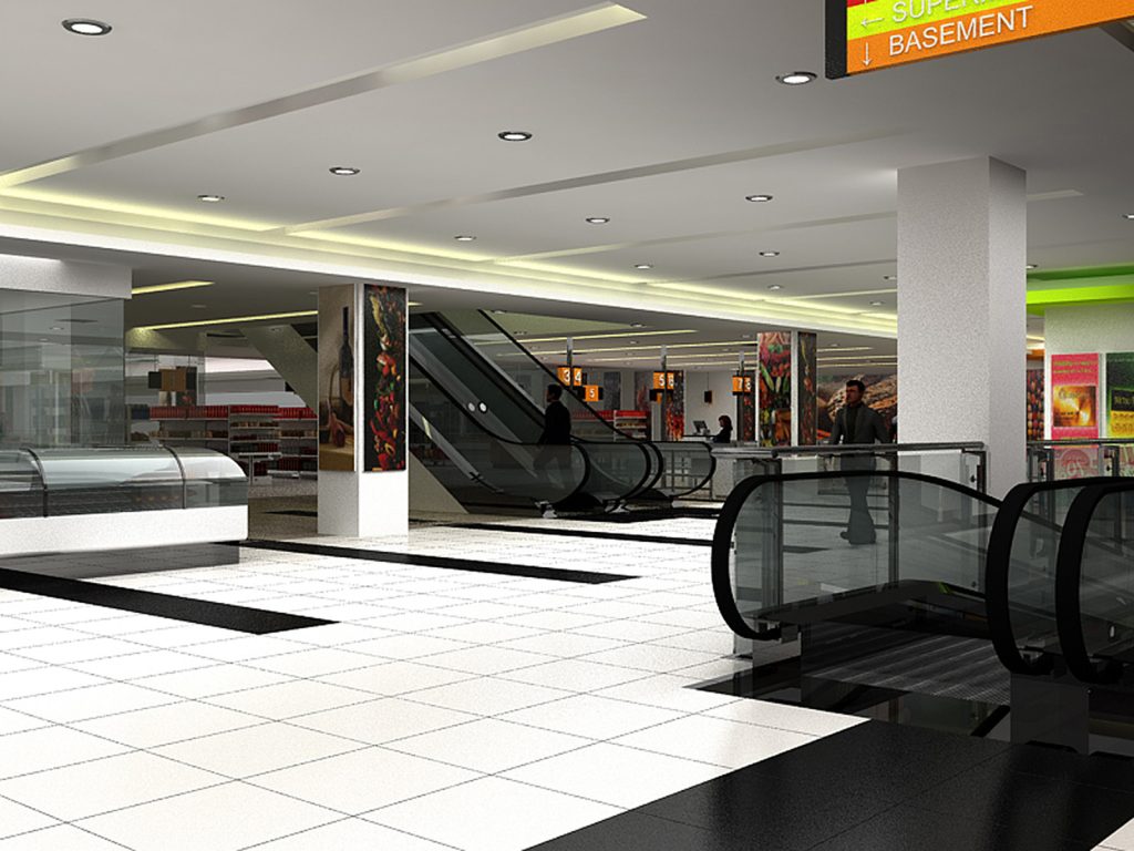 Underground parking level with escalators and directional signage